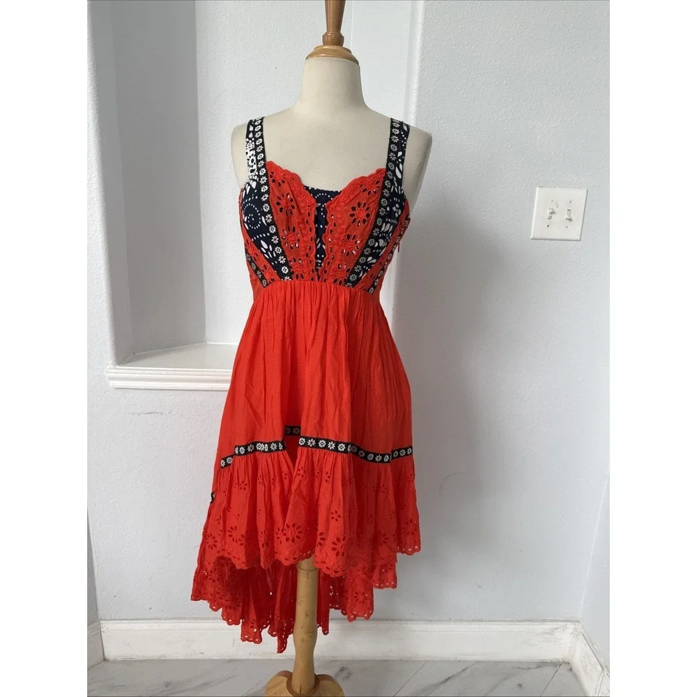 Free People‎ Midi Dress 0 Red Eyelet Bossa Nova Boho Hi-Low Embroidered Festival